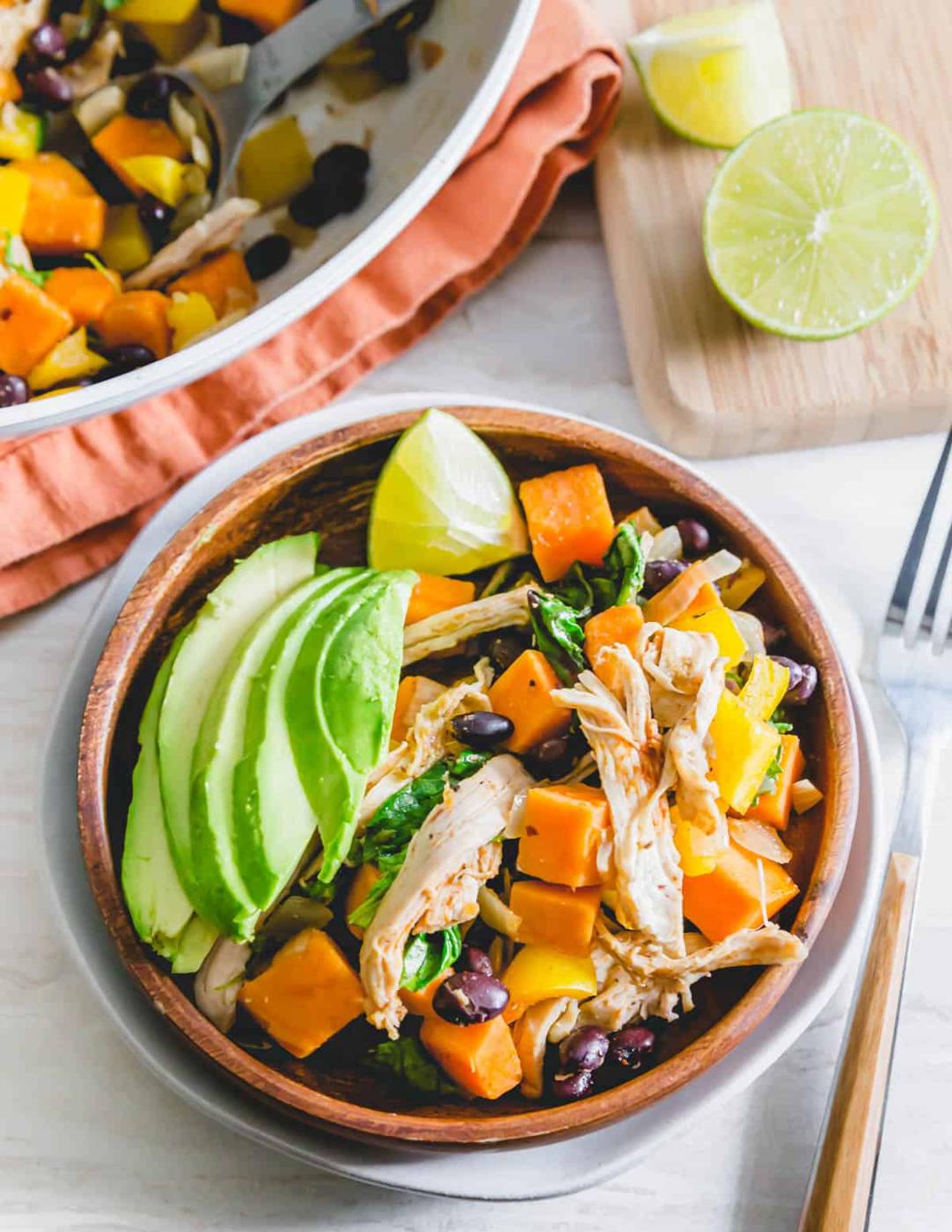 One pan turkey with sweet potatoes, black beans, peppers and onions is a great post-Thanksgiving meal to use up leftovers.