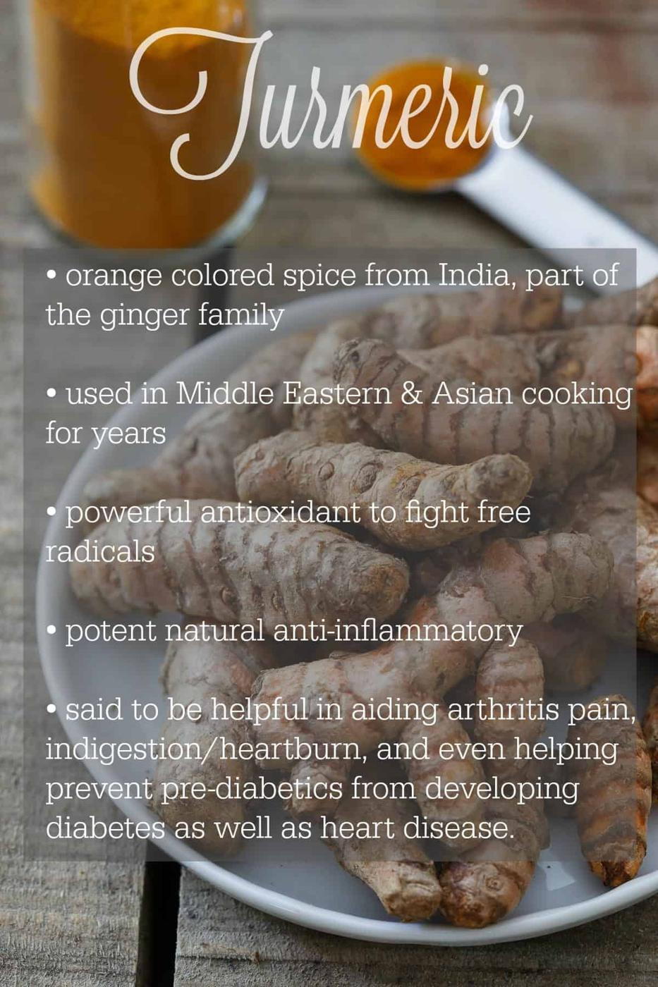 Fresh turmeric on a plate with a text overlay stating the benefits of turmeric.