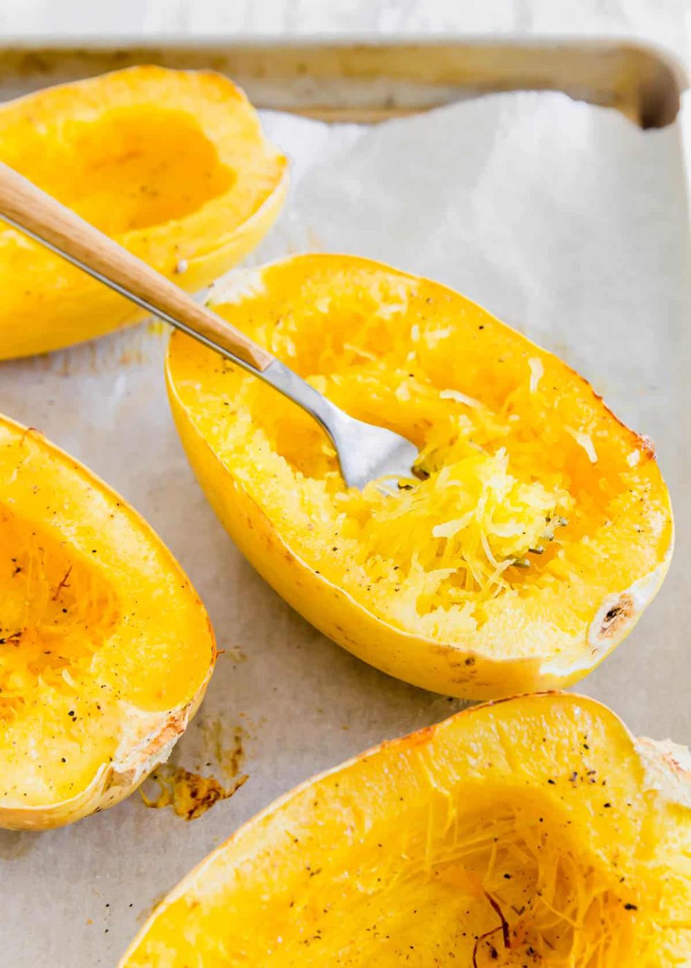 baked spaghetti squash on a sheet pan