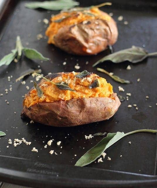 Twice Baked Sweet Potatoes with Cinnamon Cashew Cream