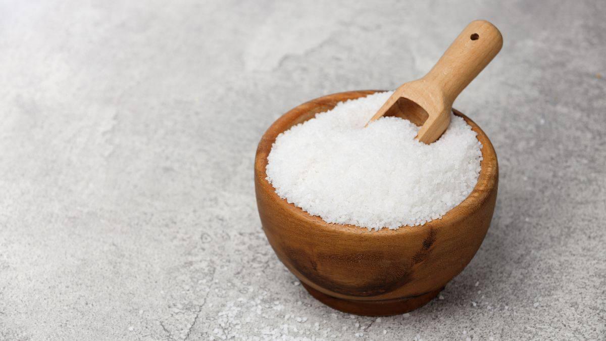 A wooden bowl filled with salt and a scoop on a concrete surface.