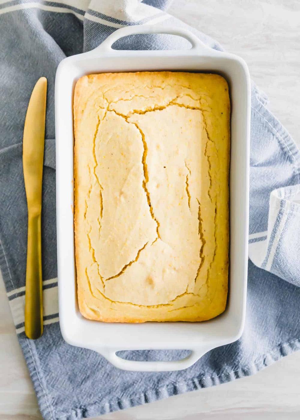 Vegan cornbread in the baking dish before slicing.
