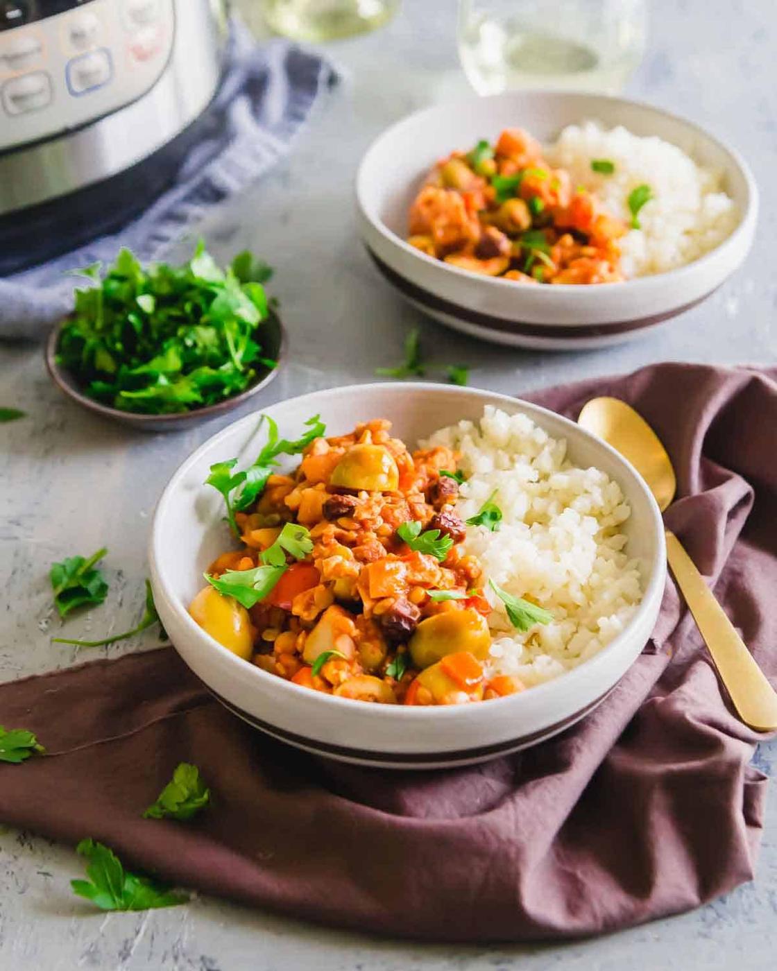 Lentil and tempeh picadillo is a plant based alternative to traditional Cuban picadillo.