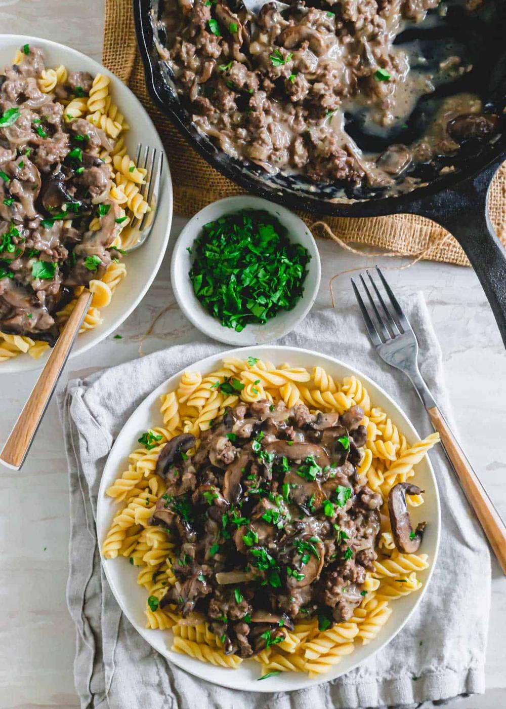 Venison stroganoff made with ground venison, mushrooms, onions and plain coconut yogurt served over noodles.