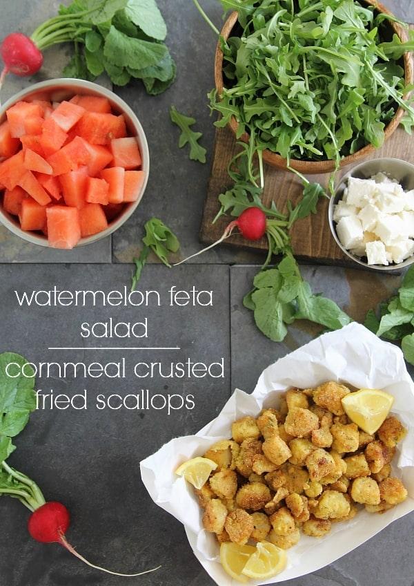 Watermelon feta salad with cornmeal crusted fried scallops
