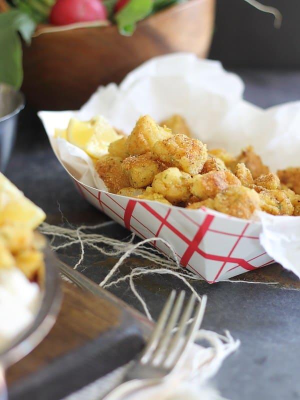 Watermelon feta salad with cornmeal crusted fried scallops