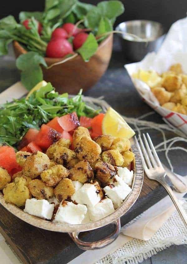 Watermelon Feta Salad with Cornmeal Crusted Fried Scallops