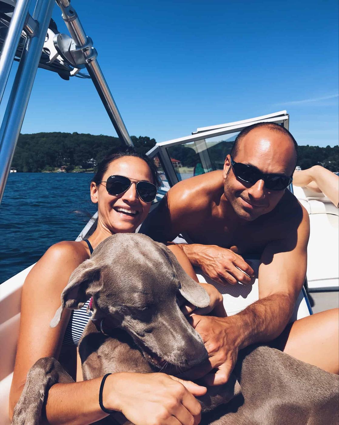 Weimaraner on a boat in Lake Mahopac, NY