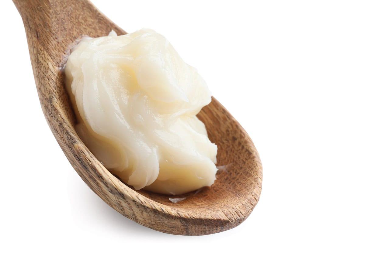 A wooden spoon holding a dollop of white, creamy lard against a plain white background.