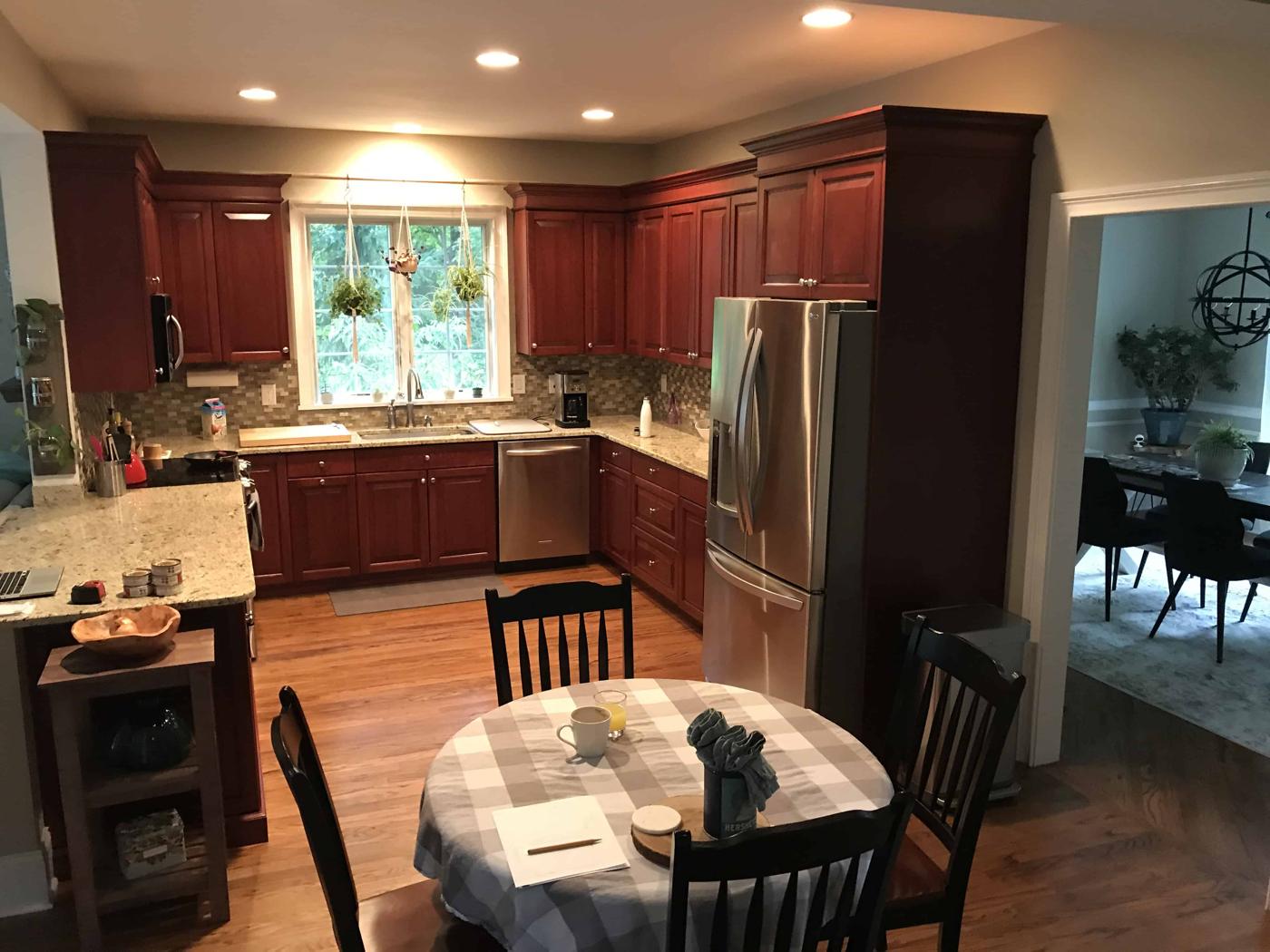 dark cherry cabinet kitchen before remodel