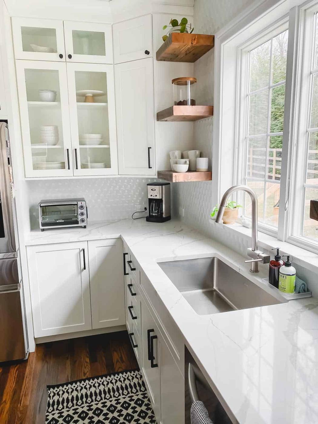 open shelving with limited upper cabinets