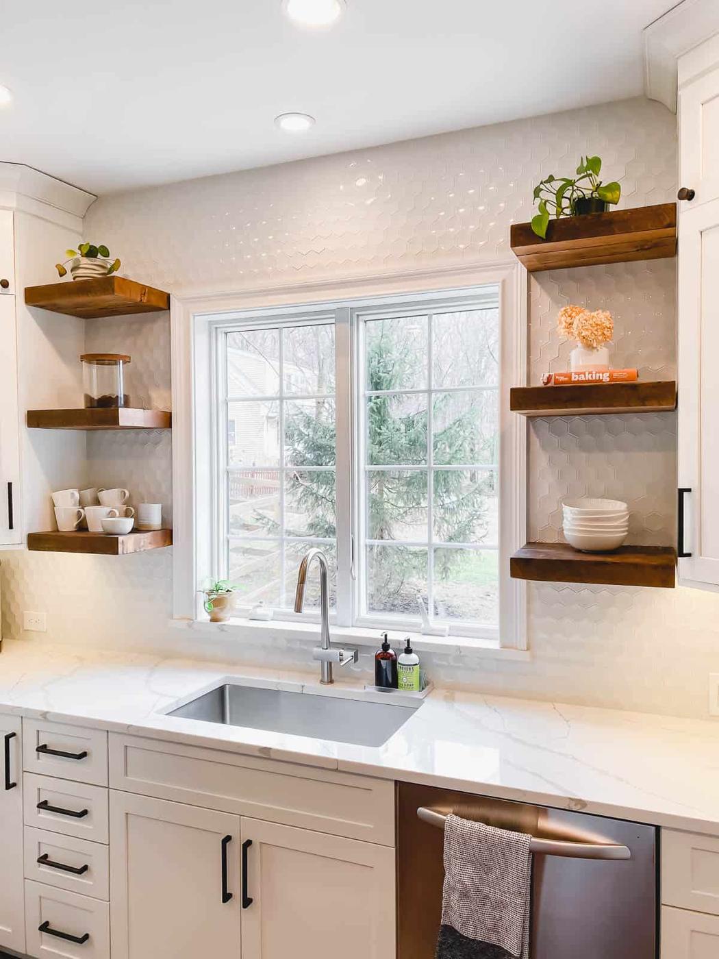 Open reclaimed wood shelving in kitchen