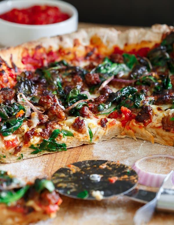 Whole Wheat Skillet Chorizo Spinach Pizza