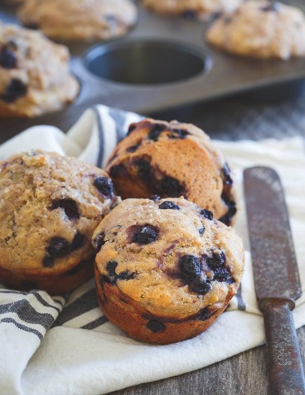 These blueberry ginger muffins are 100% whole wheat and made with wild blueberries and Greek yogurt for a healthy, superfood.