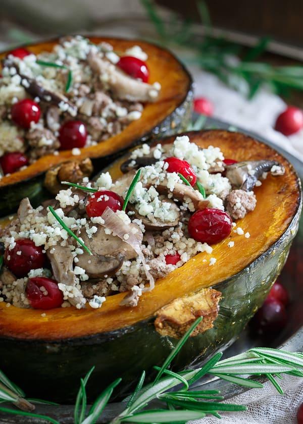 Wild mushroom cranberry couscous lamb stuffed kabocha squash