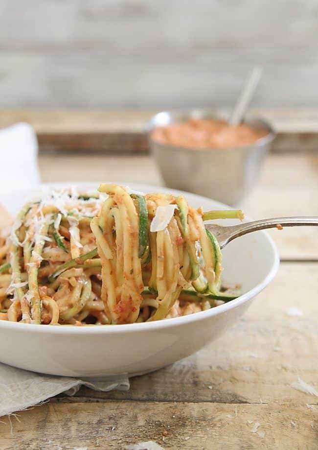 Try this creamy roasted tomato sauce tossed with zucchini noodles for a simple, healthy meal.