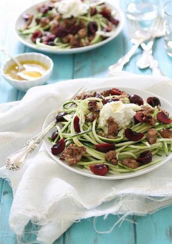 Zucchini Noodles with Sausage, Cherries and Ricotta