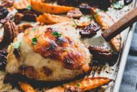 Sticky Maple Pecan Sheet Pan Chicken and Sweet Potatoes
