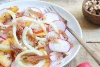 Golden Peach & Zesty Radish Salad with Prosciutto Crisps