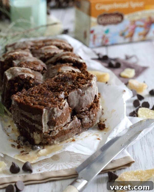 Tea-Kissed Dark Chocolate Gingerbread Loaf 4 A beautifully presented, glazed chocolate gingerbread loaf on a rustic wooden board, ready to be sliced and served for a festive gathering.