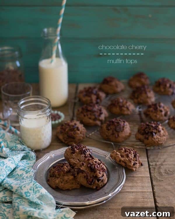 Irresistible Chocolate Cherry Muffin Tops: Moist interior, crunchy top, packed with chocolate chips and tart cherries.