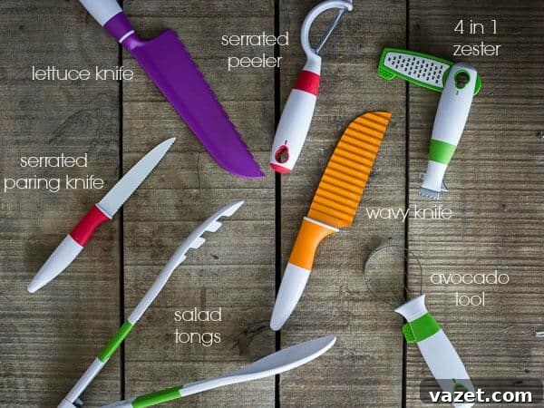 An assortment of innovative kitchen tools from Crisp Cooking, including a zester, lettuce knife, wavy knife, and avocado tool, illustrating their usefulness in preparing fresh produce like carrots and citrus for salads.