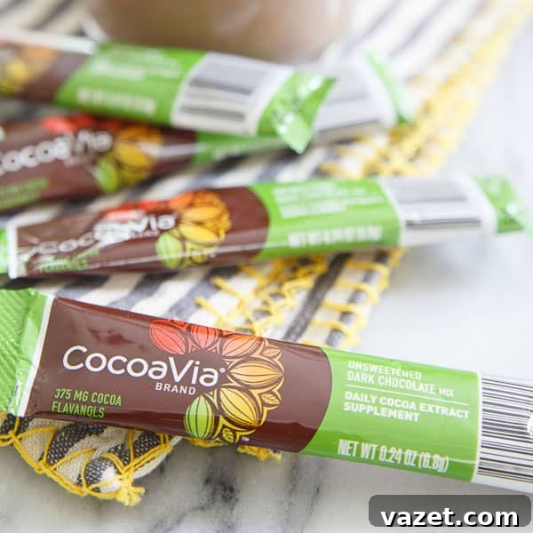 CocoaVia unsweetened dark chocolate packet, highlighting its health benefits.