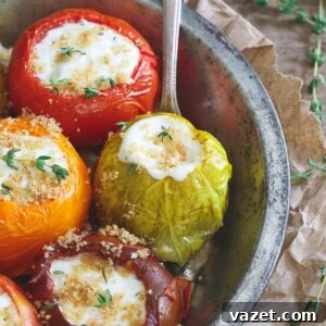 Roasted stuffed heirloom tomatoes.
