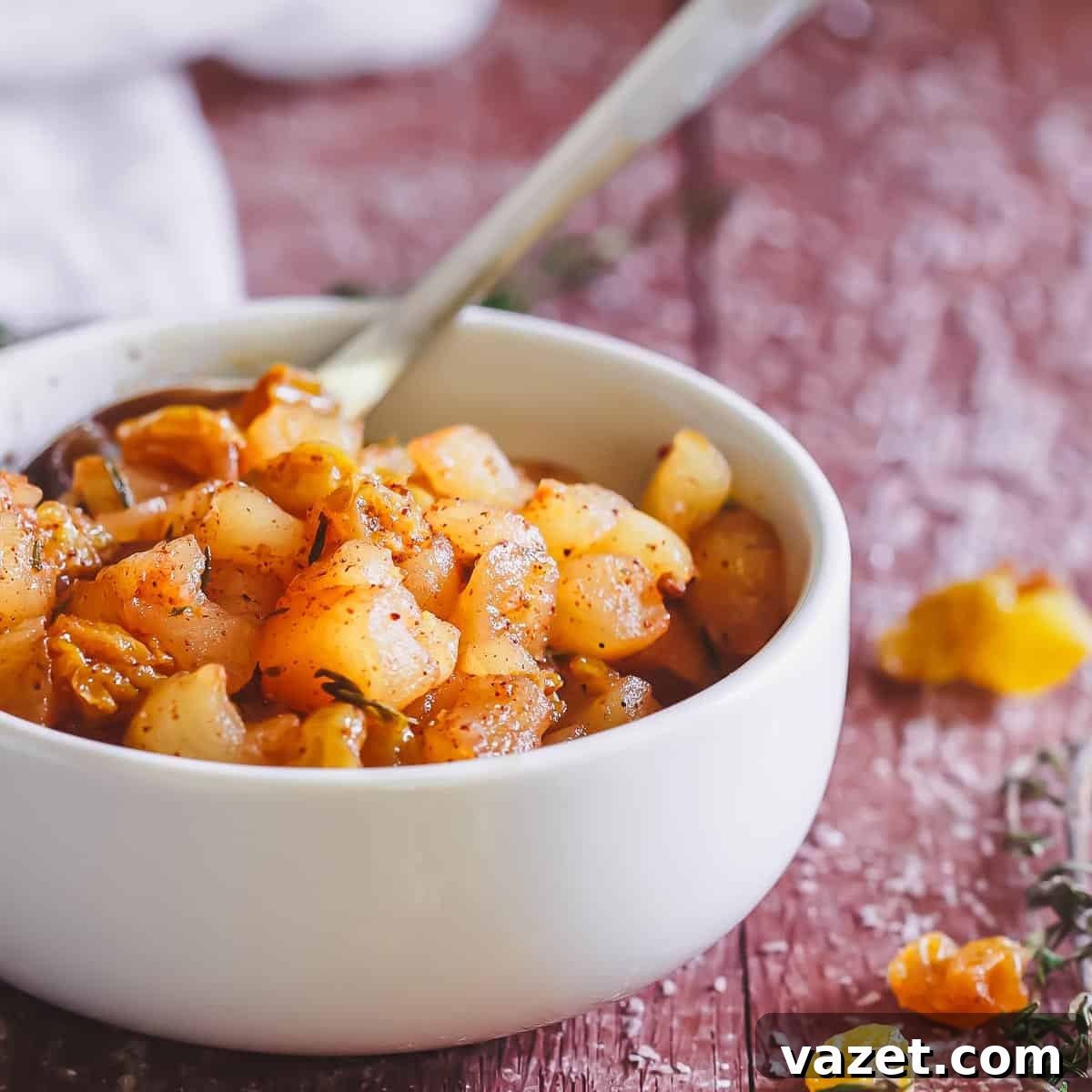 Apple Compote Delights 4 A white bowl filled with cooked, seasoned diced apples, raisins and herbs, sitting on a rustic wooden surface with a spoon inside.