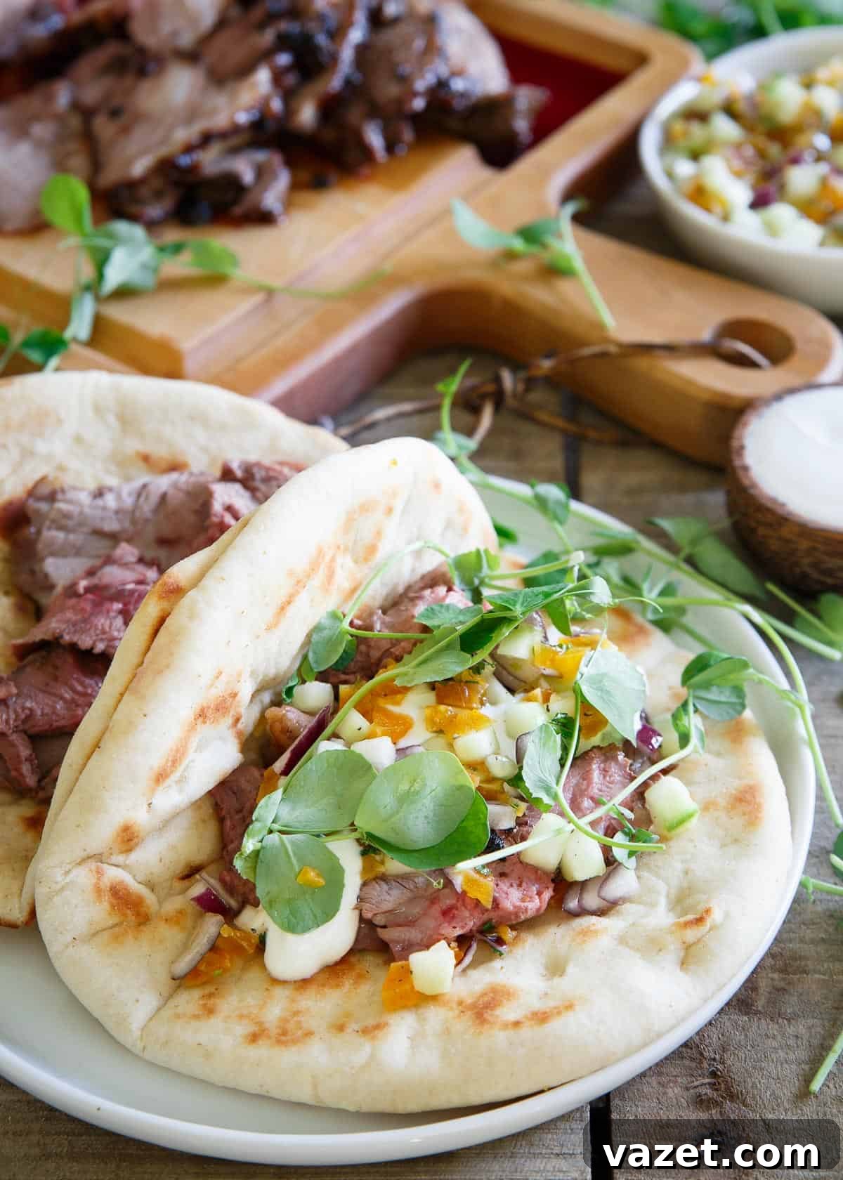 Vibrant Spring Gyros with Tangy Apricot Salsa 2 These spring gyros are topped with a sweet and refreshing apricot salsa, quick yogurt sauce and fresh pea sprouts. They're definitely not your average gyro!