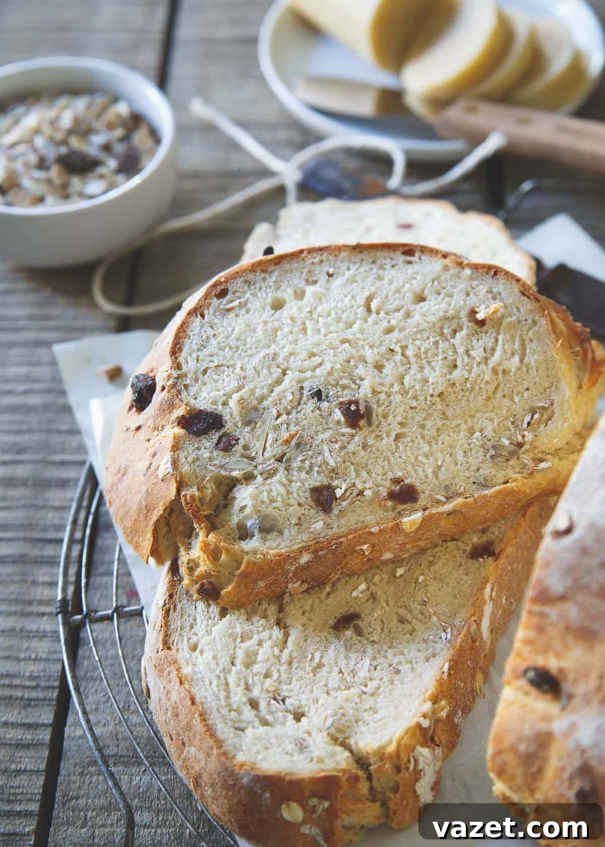 Muesli Loaf 3 A close-up shot of a slice of muesli bread, highlighting its texture.