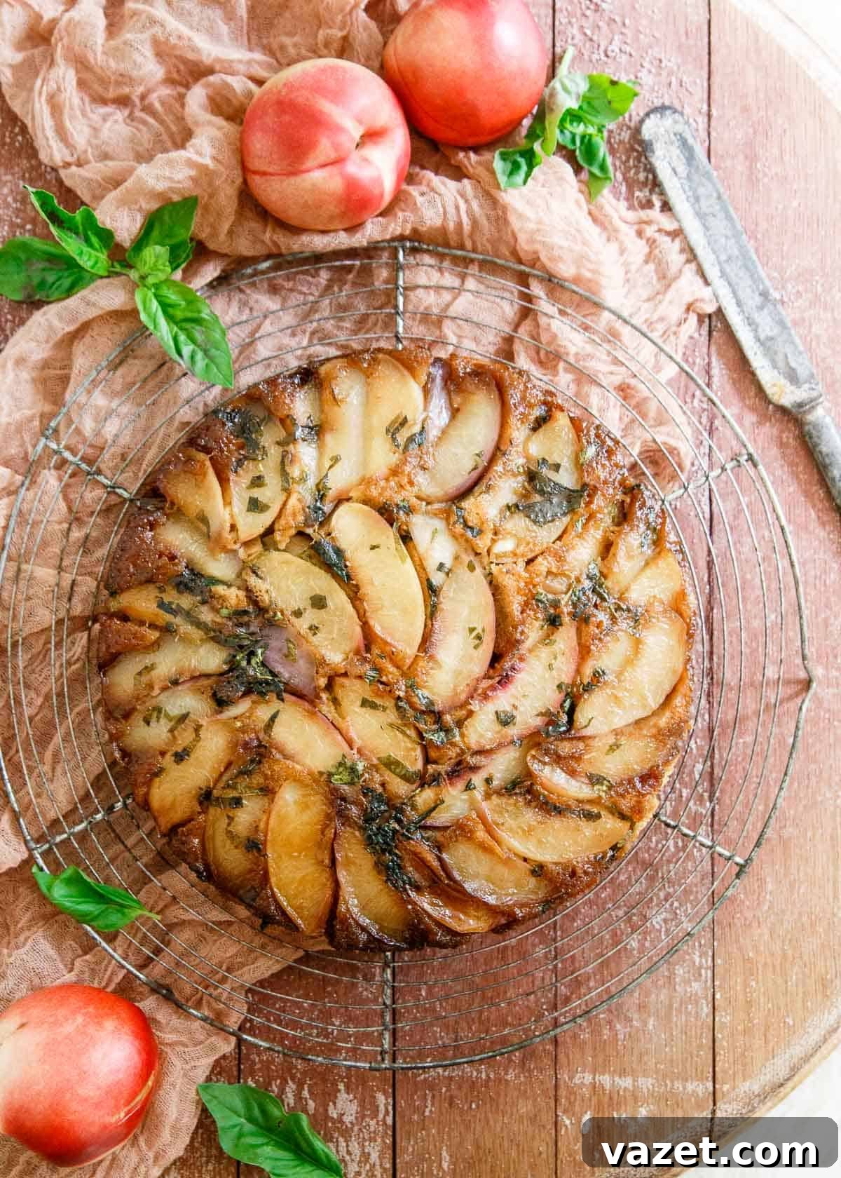 This healthy gluten-free basil nectarine upside-down cake features a secret boost of collagen protein.