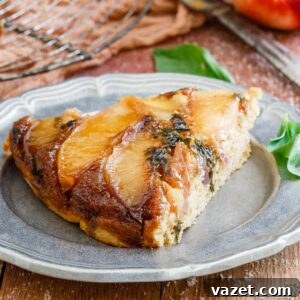 A square image of the Basil Nectarine Upside Down Cake, highlighting its golden crust and fruit topping.
