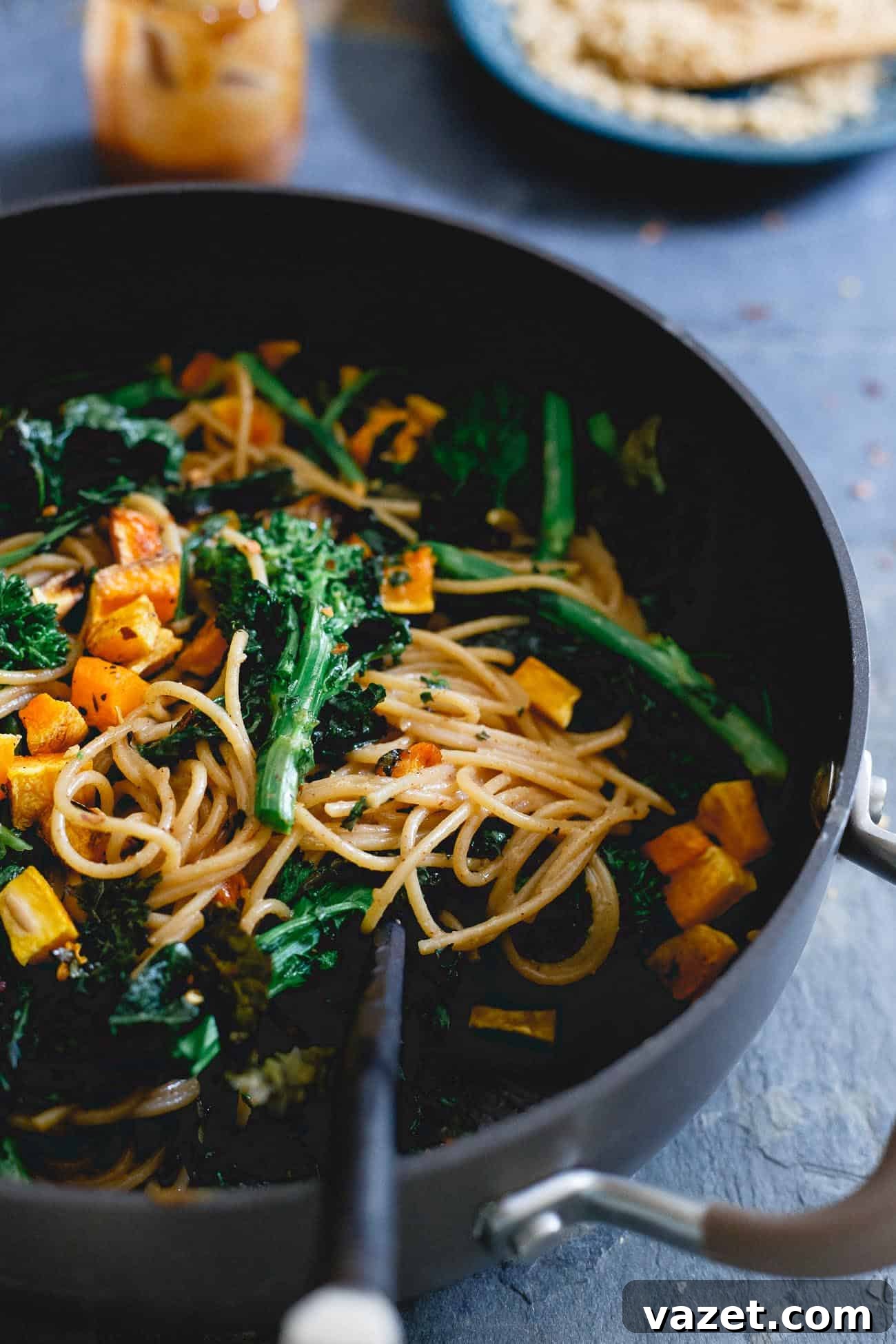 Asian-Inspired Creamy Almond Butter Sauce for Fall Pasta A rich, creamy almond butter sauce gives this fall pasta an exciting Asian-inspired flavor, while still providing the comforting warmth perfect for autumn evenings.