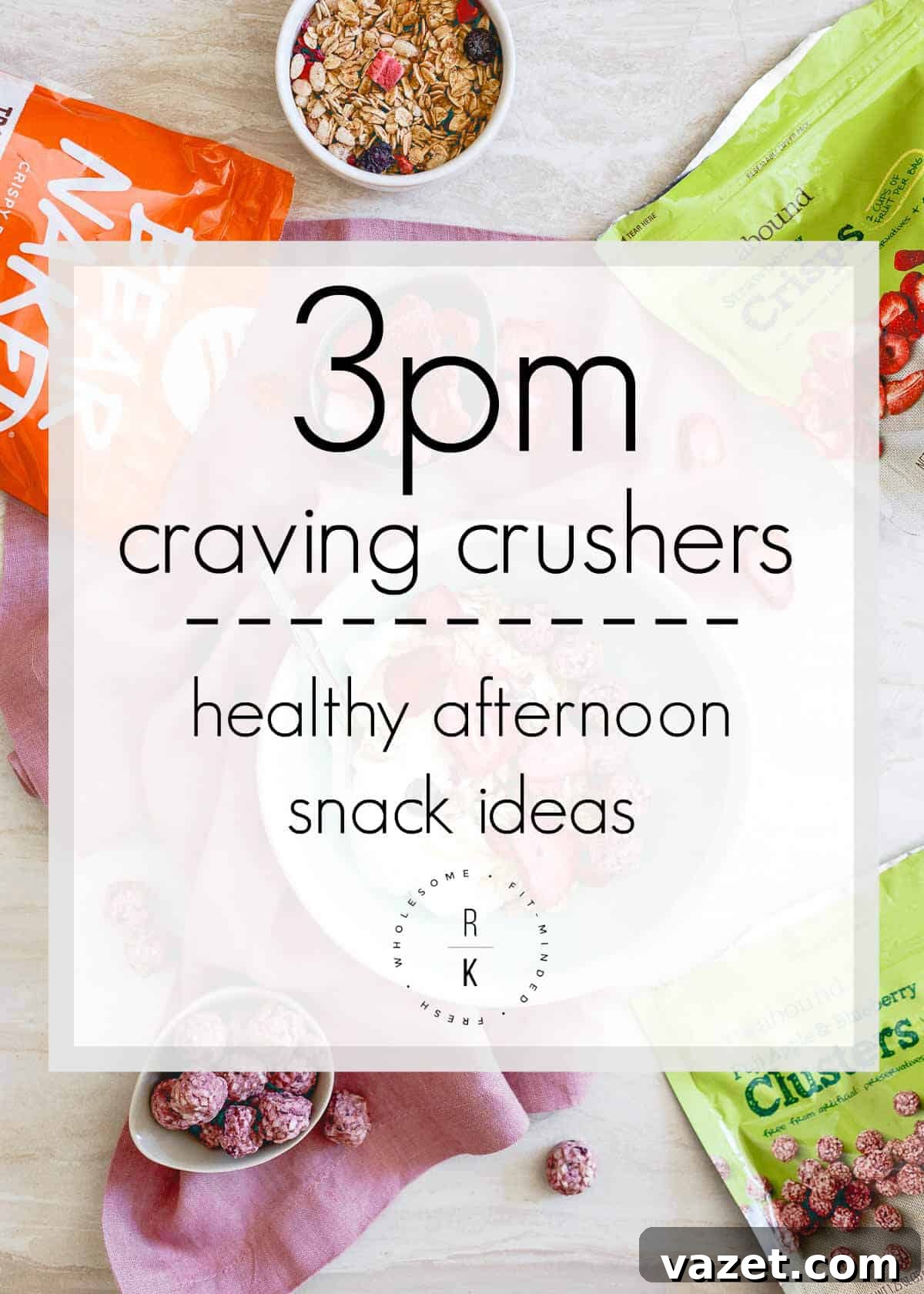 Healthy Afternoon Snack Ideas to crush 3 PM cravings featuring CVS healthy foods like Greek yogurt, freeze-dried fruit, granola, mac and cheese cups, olives, edamame, nuts, protein bites, and jerky.