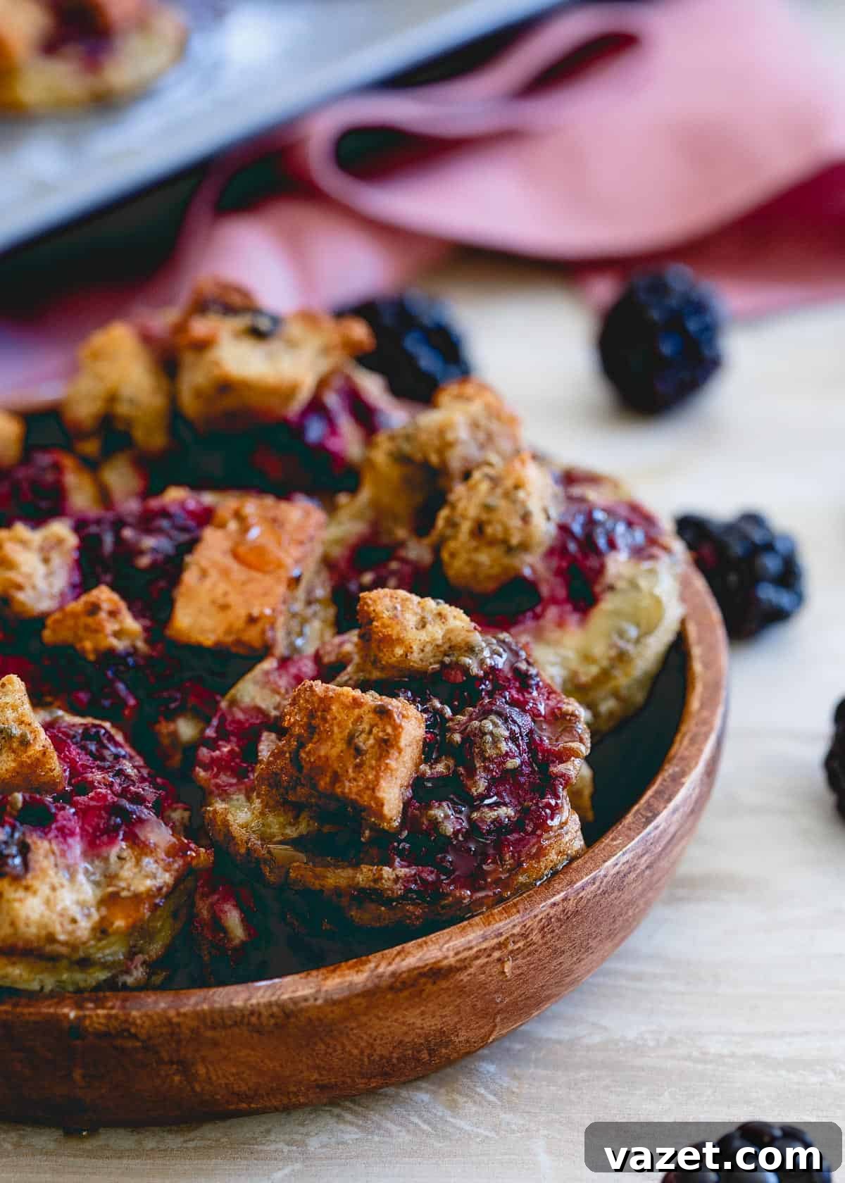 Overview of baked blackberry ginger French toast bites, highlighting their small, portable size.