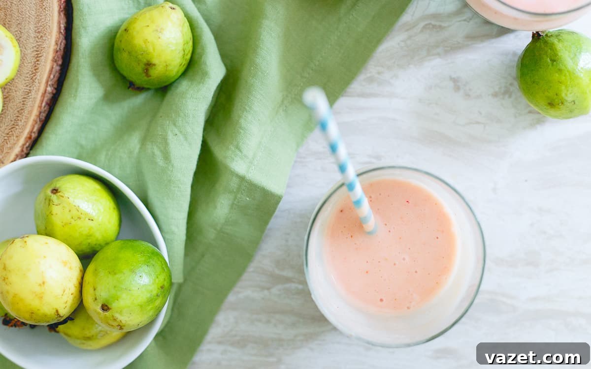 Guava Bliss 6 Guava pineapple smoothie with protein powder for a workout snack.