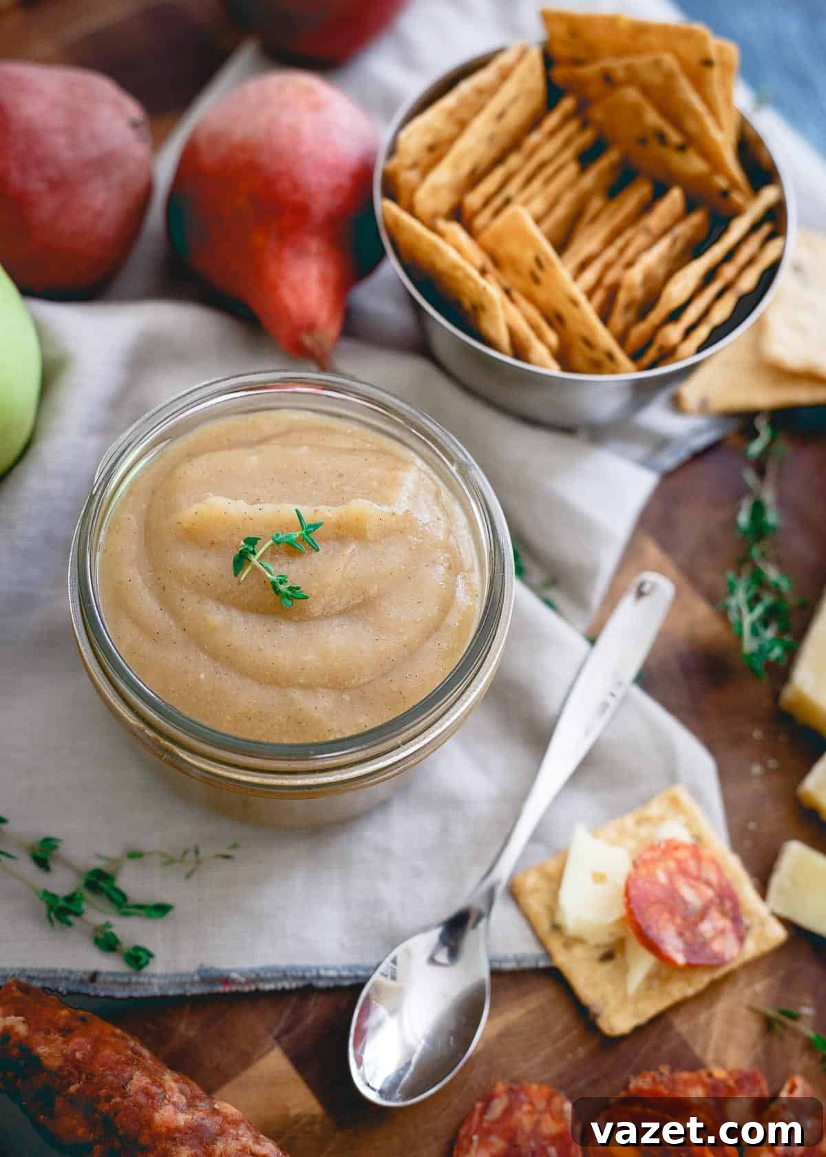 Savory thyme pear apple butter is the perfect versatile fall spread for any appetizer board, offering a unique flavor profile.
