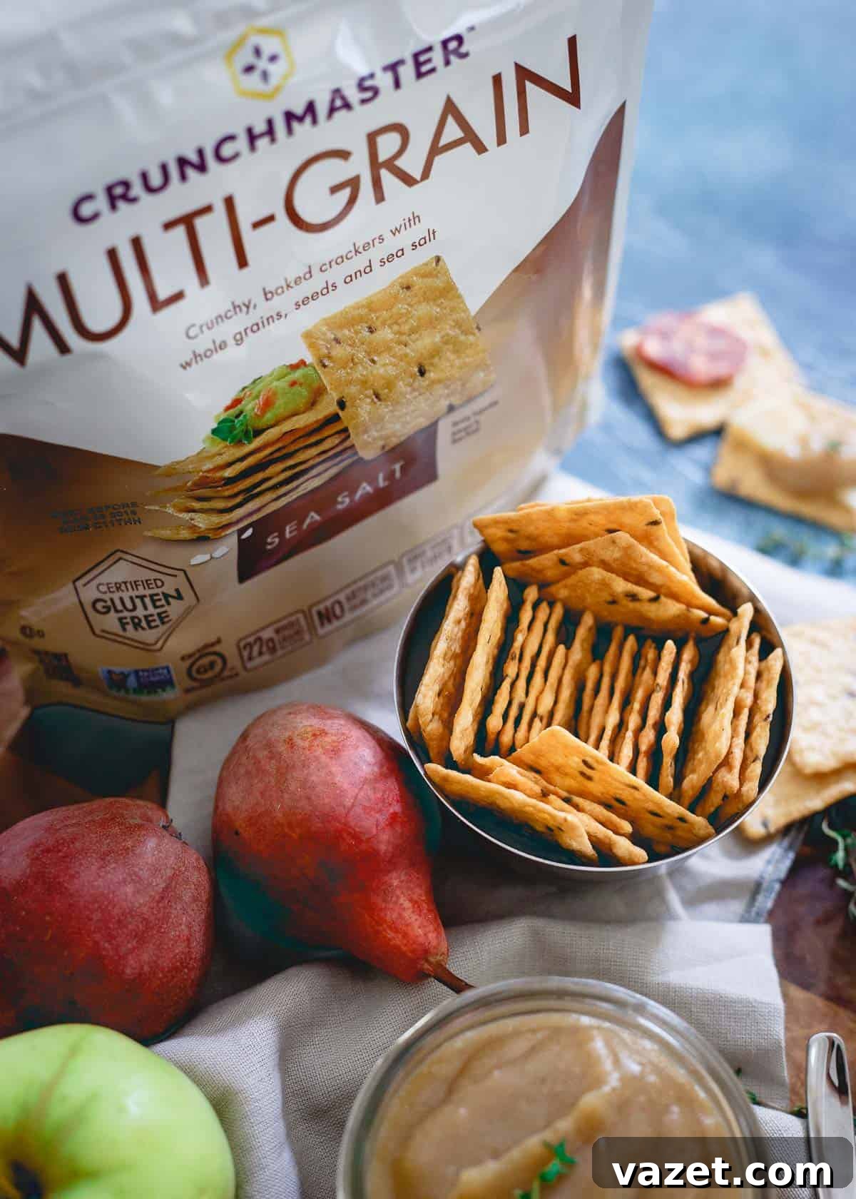 Crunchmaster gluten-free crackers pair perfectly with savory pear apple butter for a delicious and healthy fall snack.