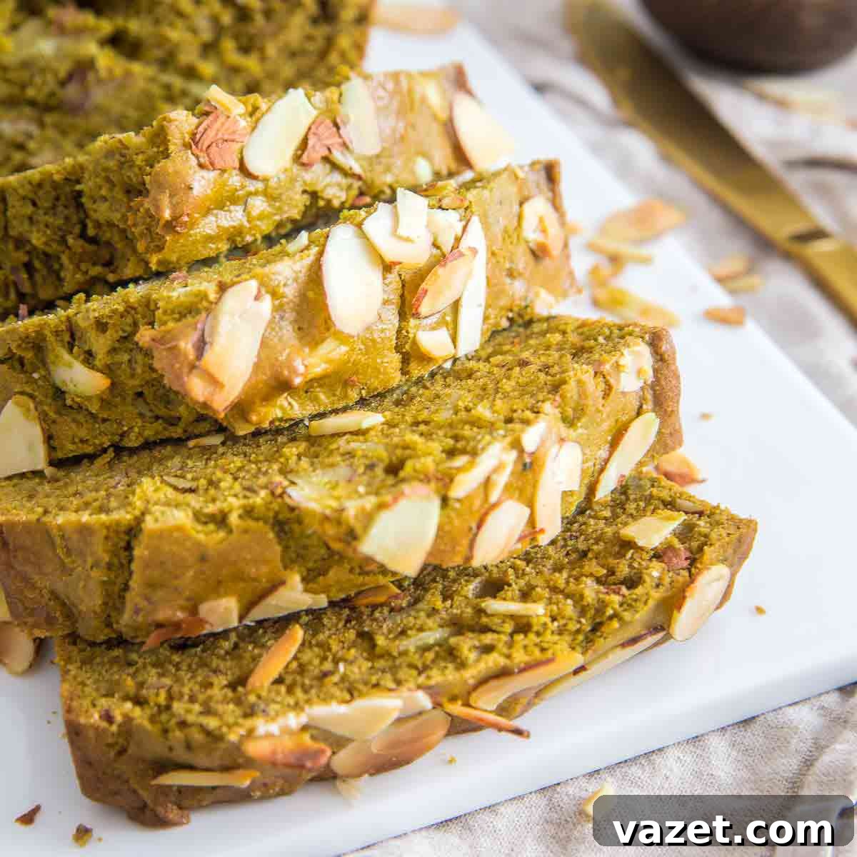 Matcha Bread Matcha bread made with sliced almonds, almond flour and almond extract is packed with flavor in each moist slice