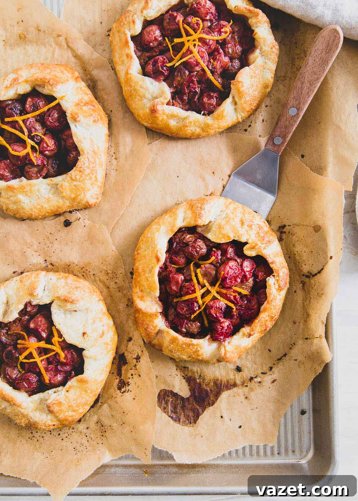 Mini Tart Cherry and Orange Galettes Tart cherries are brightened with fresh orange zest in these mini galettes, creating a rustic and effortlessly delicious dessert that stands out.