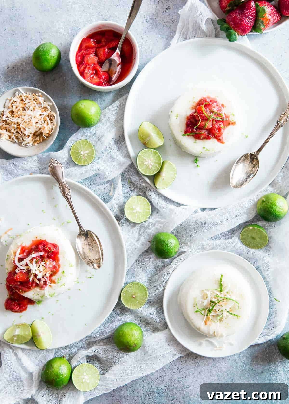 Close-up of creamy coconut panna cotta, showcasing its smooth texture and vibrant key lime flavor.