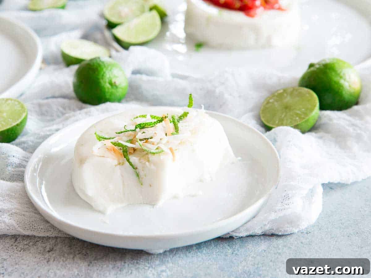 Coconut panna cotta infused with key lime flavor, evoking a tropical vacation experience.
