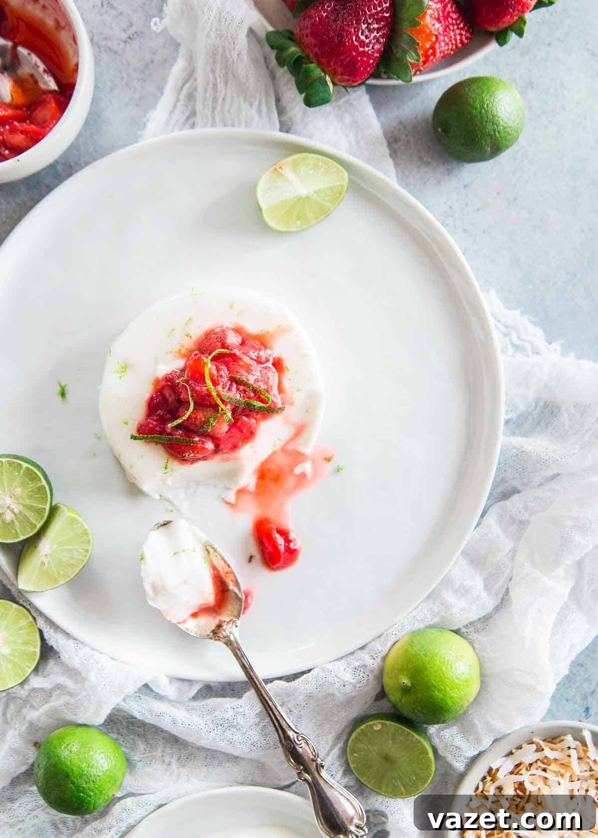 Smooth and creamy coconut panna cotta with fresh key lime juice and zest, topped with a bright strawberry key lime compote.