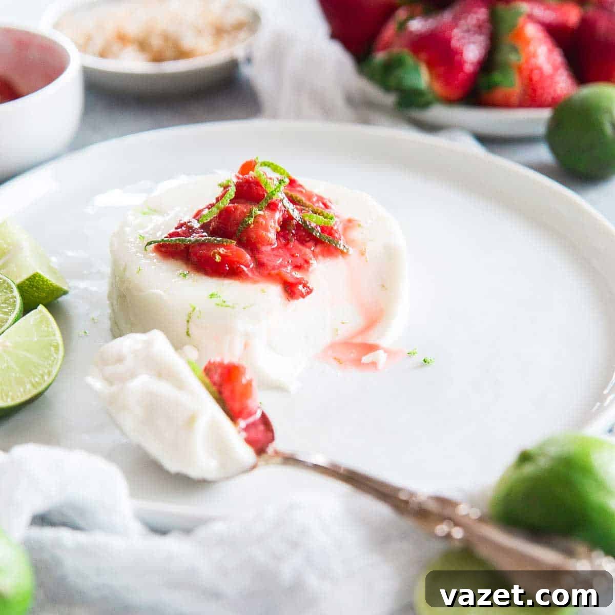 Restaurant-quality key lime coconut panna cotta served with a vibrant strawberry key lime compote.