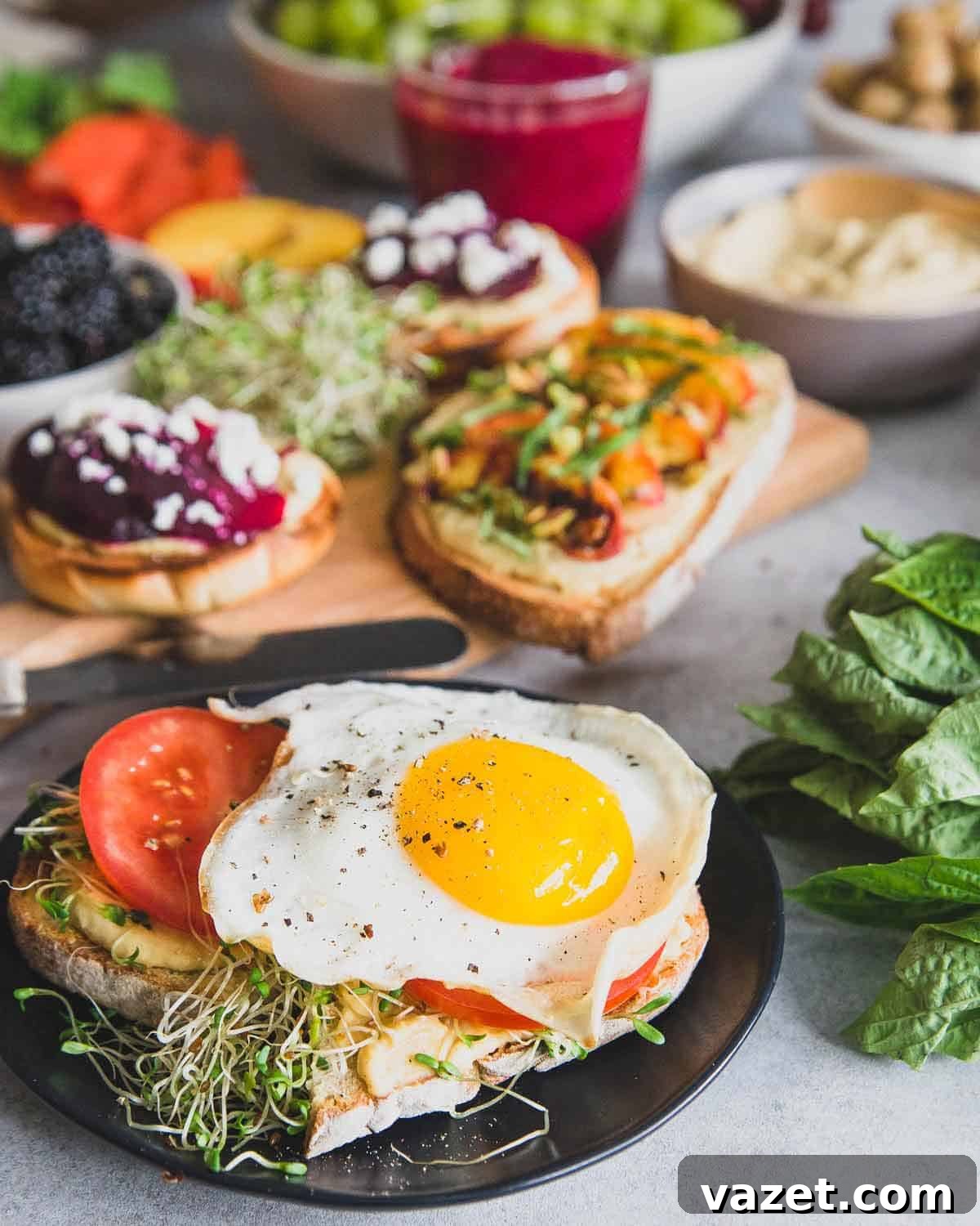 Savory sourdough hummus toast topped with fresh sprouts, ripe tomato, and a perfectly fried egg, serving as an ideal complement to an easy beet smoothie.