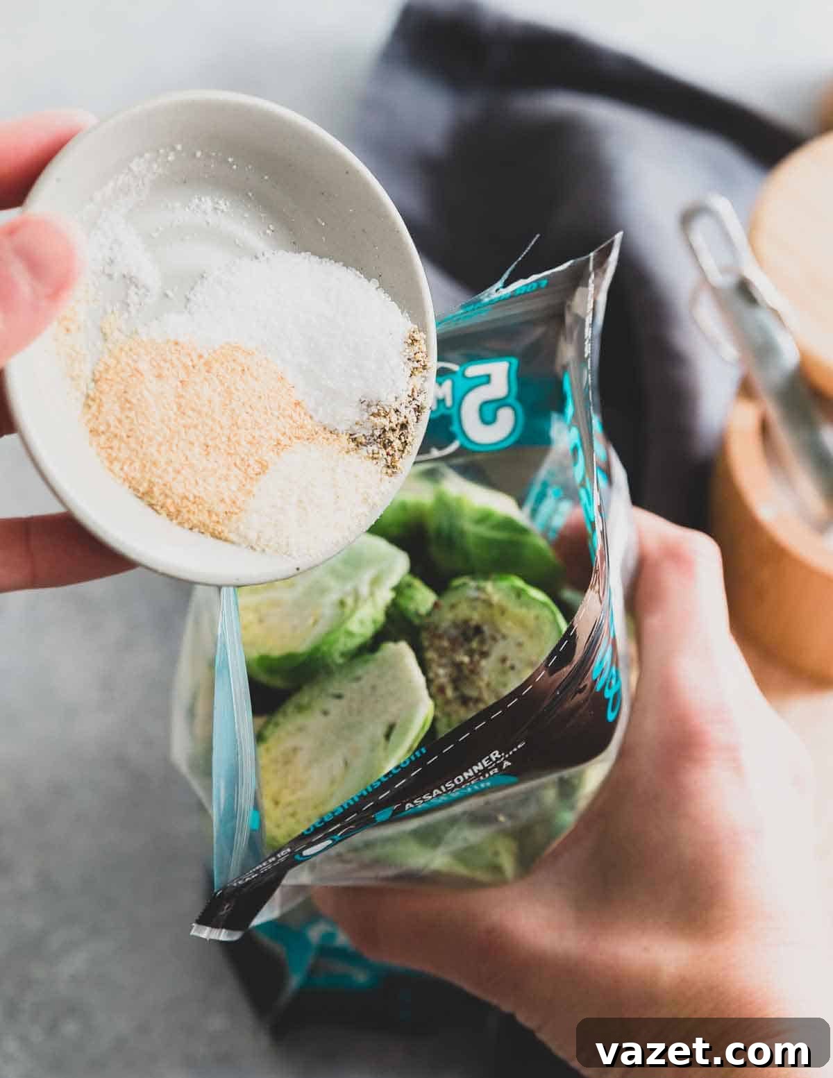 Brussels sprout halves get seasoned directly in the microwave steam bag, cooked for 5 minutes and then they're ready to be made into creamy brussels sprout soup!