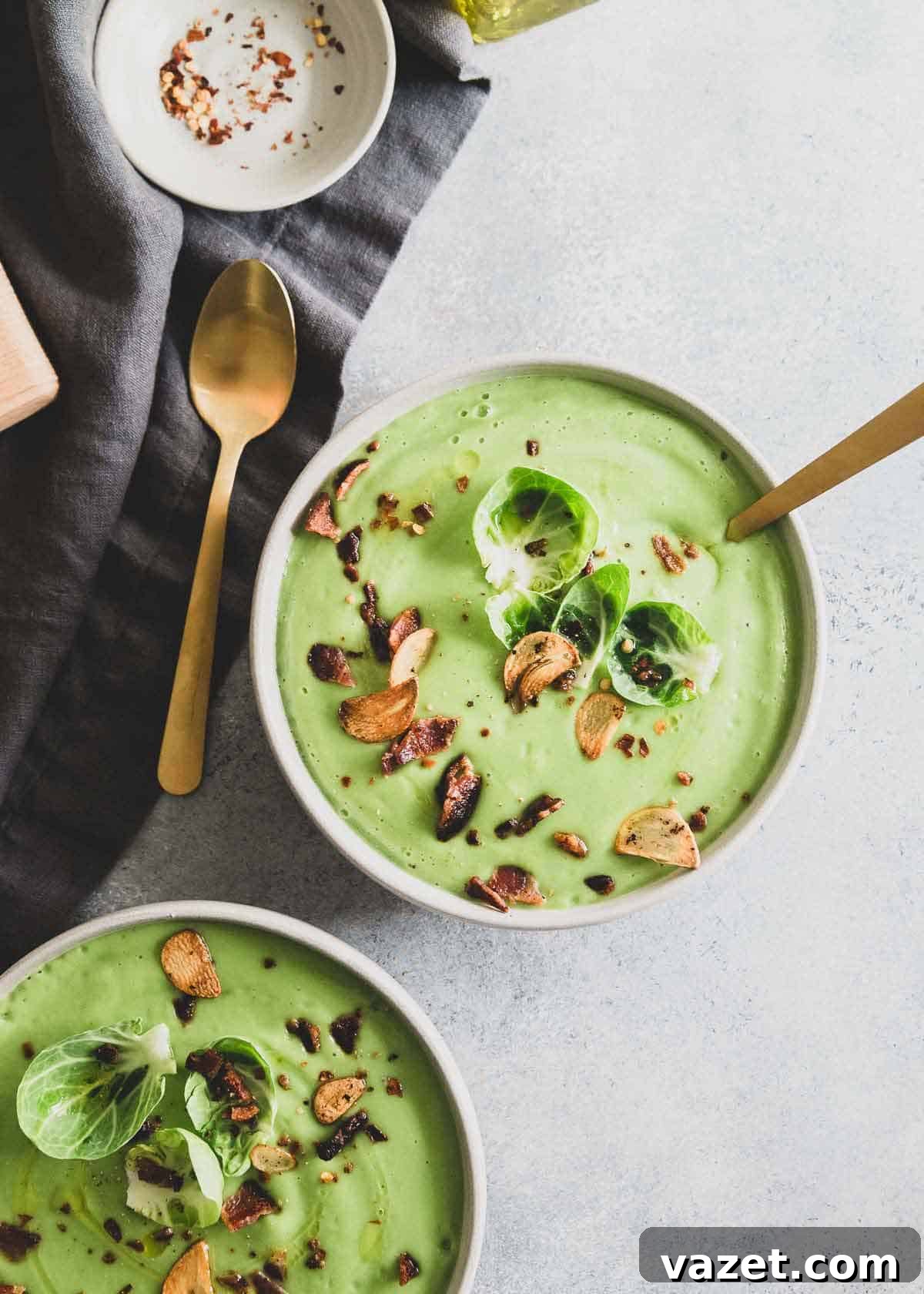 A dairy free, creamy and decadent Brussels sprout soup made in your high powered blender.