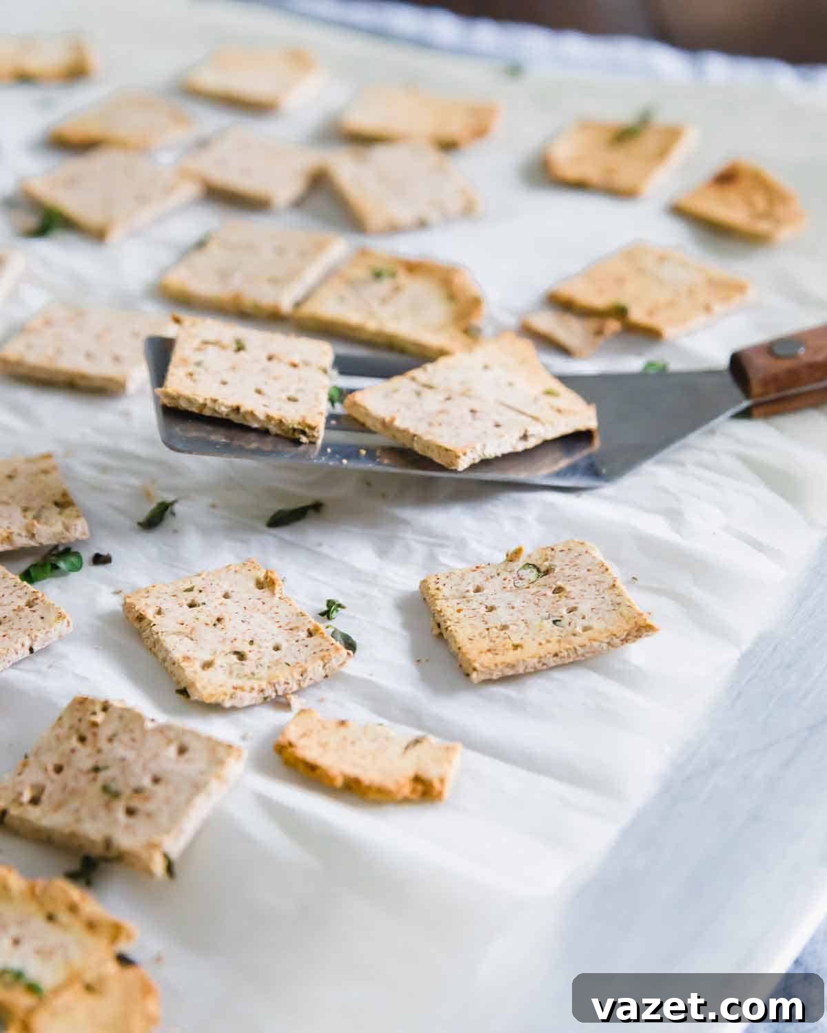 Almond Pulp Crisps 5 A variety of almond pulp crackers with fresh herbs, ready to be served.