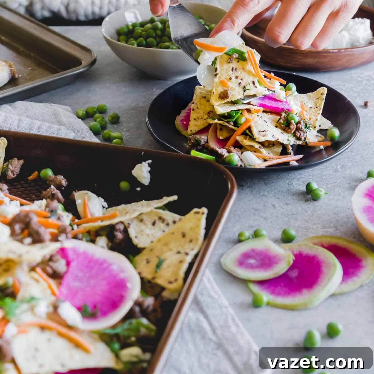 Loaded Spring Lamb Nachos 7 Celebrate spring with these lamb nachos, featuring early spring vegetables piled onto crispy corn tortillas and topped with delicious feta cheese for a truly seasonal dish.